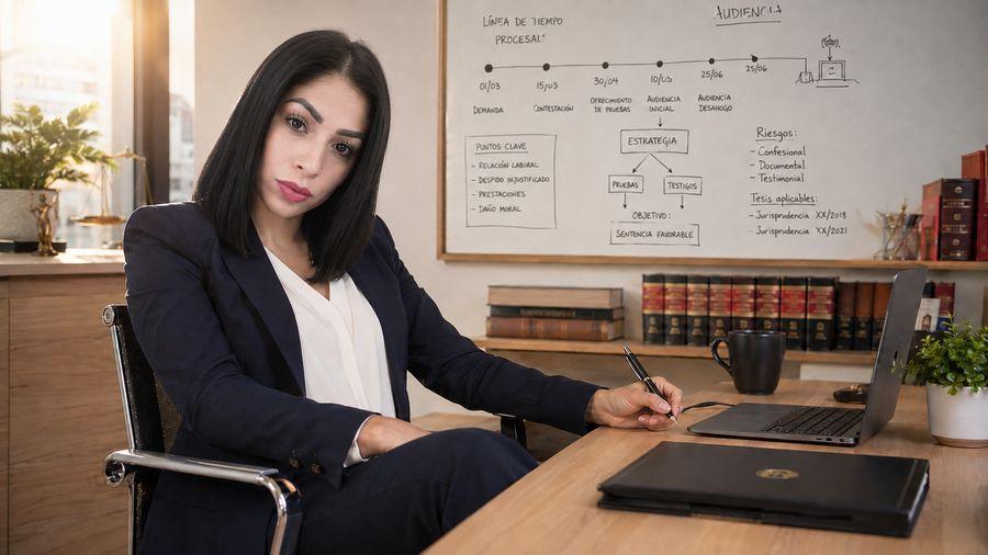 Analía Velázquez Jiménez trabajando en el análisis de un caso en su despacho.